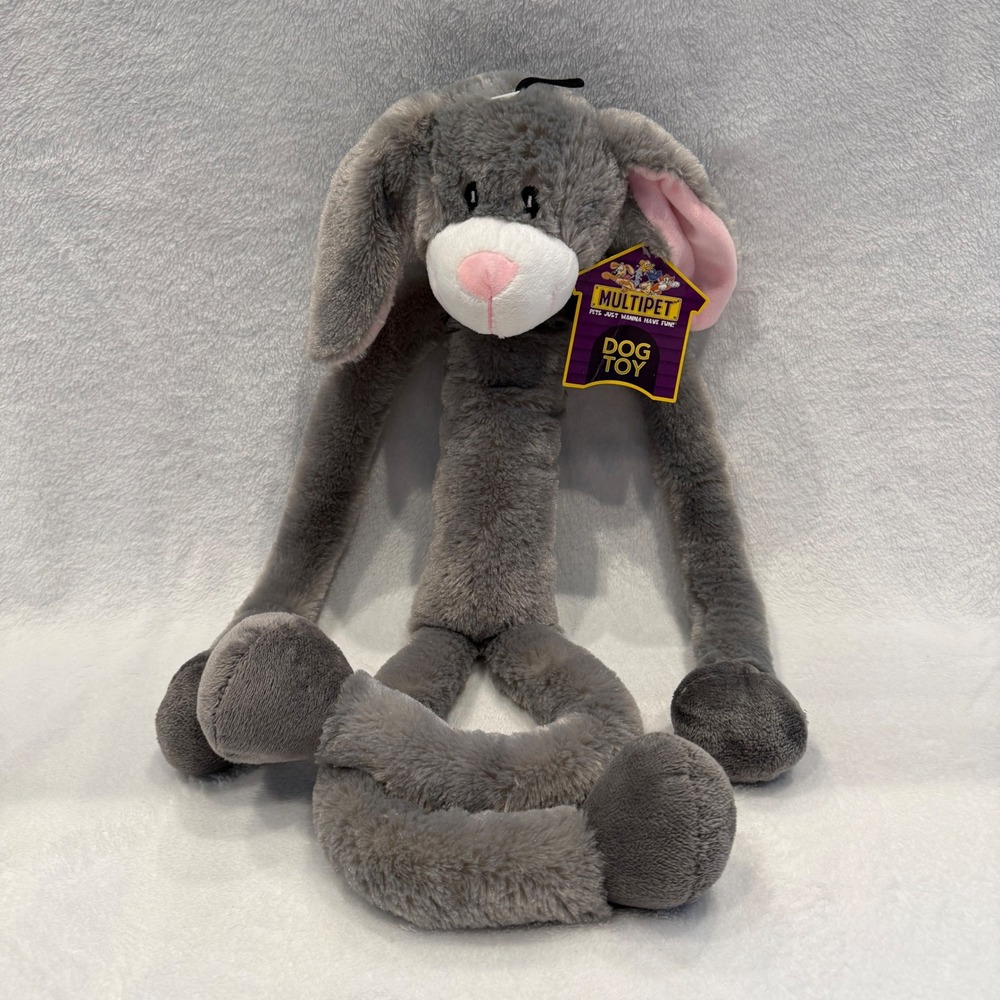 Multipet Loopy Bunny Dog Toy Grey Plush Rabbit‎ W/ Squeakers Long Limbs NWT